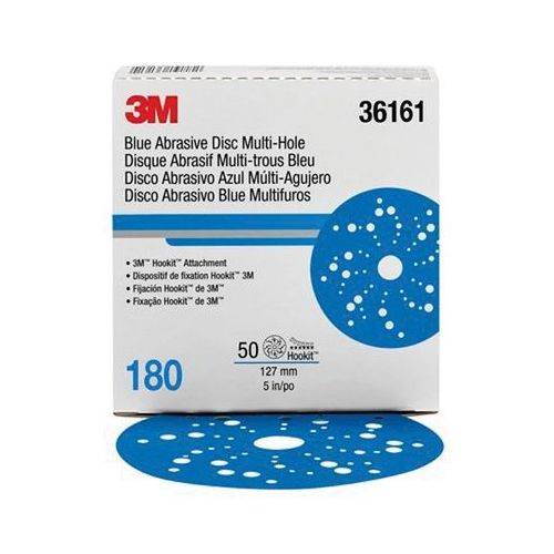 321U Series Multi-Hole Abrasive Disc, 5 in Dia, 180 Grit, Hook and Loop, Blue