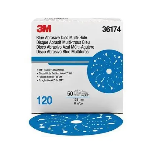 321U Series Multi-Hole Abrasive Disc, 6 in Dia, 120 Grit, Hook and Loop, Blue