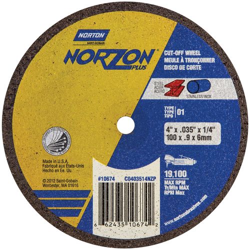 Norton 66243510675 10675 Cut-Off Wheel, 4 in Dia, 0.035 in THK Wheel, 3/8 in Center Hole, 19100 rpm
