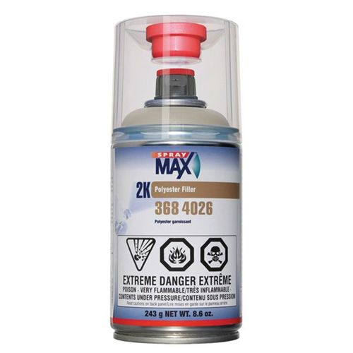 SprayMax, Peter Kwansy, Inc 3684026 2K Polyester Filler, 8.6 oz Aerosol Can, Light Gray, 2.7 sq-ft/gal Coverage