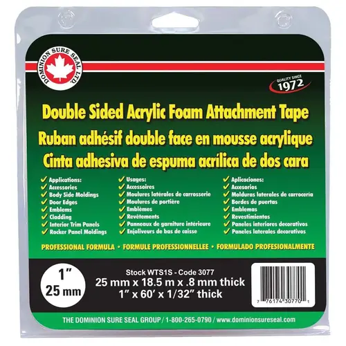 WTS Series Double Sided Urethane Attachment Tape, 60 ft L x 1 in W, 1/32 in THK, Green Back