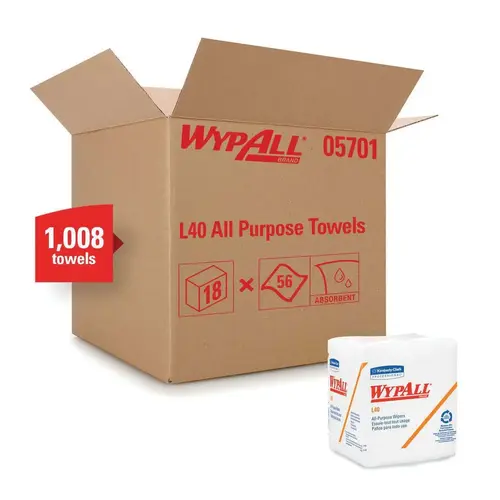 0 L40 Disposable Cleaning and Drying Towel, 12-1/2 x 12 in, 56, Double Re-Creped, White, 1 Plys