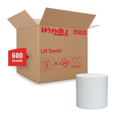 WypAll 05820 L30 Light Duty Towel, 9.8 x 15.2 in, 300, Double Re-Creped, White, Light Duty, 1 Plys
