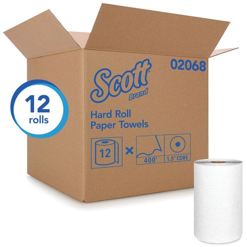 SCOTT 2068 0 Hard Roll Essential Towel, 8 in x 400 ft, Paper, White, 1 Plys