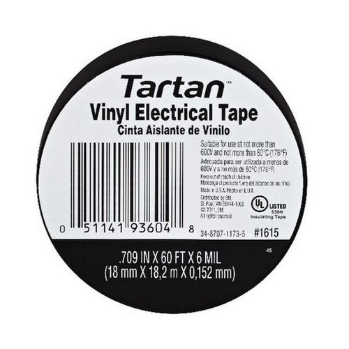 3M 93604 1615 Series Electrical Tape, 60 ft x 0.709 in, 6 mil THK, Black