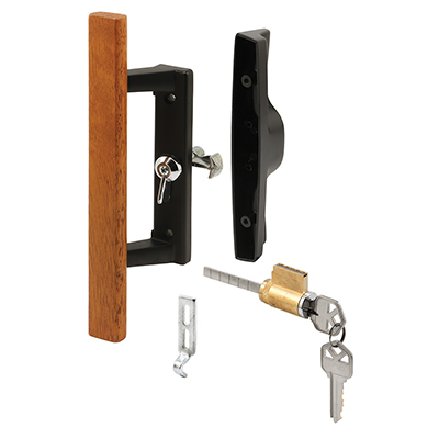 Wood/Black Keyed Internal Lock Sliding Glass Door Handle Set with 3-15/16" Screw Holes for Viking Doors