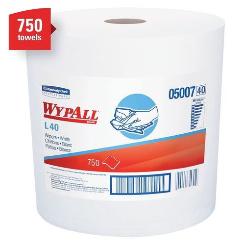 WypAll 05007 L40 Series Jumbo Roll Towel, 13.4 x 12.4 in, 750, Double Re-Creped, White, 1 Plys