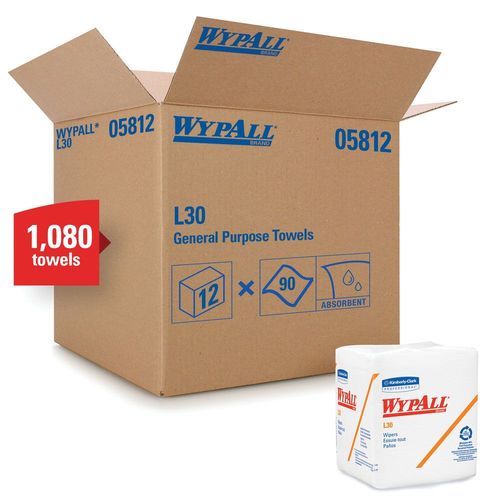 WypAll 05812 L30 Series 1/4 Fold Towel, 12 x 12-1/2 in, 90, Double Re-Creped, White, 1 Plys
