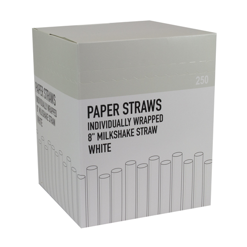 PAPER MILKSHAKE STRAW WHITE WRAPPED 8 INCH