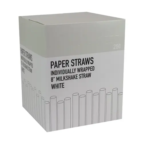 GALLIGREEN 57718 PAPER MILKSHAKE STRAW WHITE WRAPPED 8 INCH