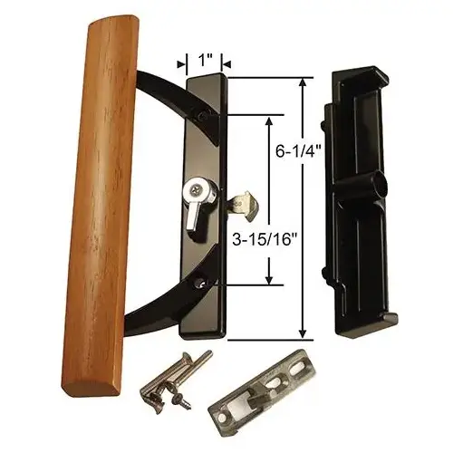 BLACK PATIO DOOR HANDLE SET INCLUDES SHORT LATCH BOLT ONLY KEEPER AND SCREWS