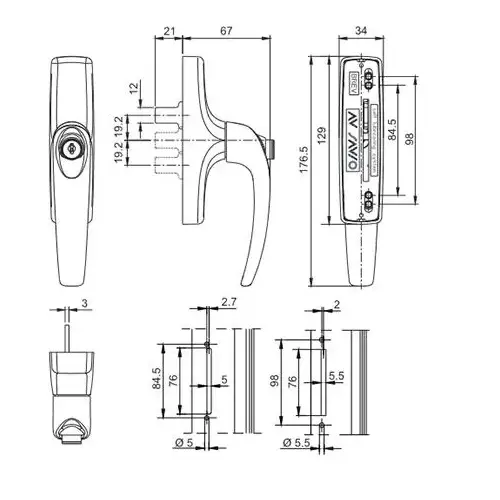 Tilt And Turn Handle Silver Keyed OPTIONAL MOUNTING C-C#1 92mm / C-C#2 -105mm
