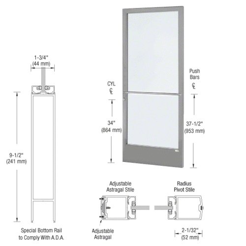 Clear Anodized 250 Series Narrow Stile Active Leaf of Pair 3'0 x 7'0 Center Hung for OHCC w/Standard Push Bars Complete ADA Door(s) with Lock Indicator, Cyl Guard