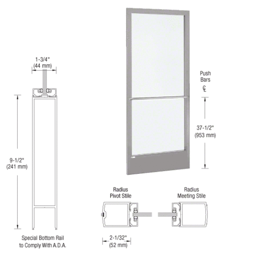 CRL-U.S. Aluminum CD22711R136 Clear Anodized 250 Series Narrow Stile Inactive Leaf of Pair 3'0 x 7'0 Center Hung for OHCC w/Standard Push Bars Complete ADA Door(s) with Lock Indicator, Cyl Guard