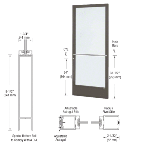 Bronze Black Anodized 250 Series Narrow Stile Active Leaf of Pair 3'0 x 7'0 Center Hung for OHCC w/Standard Push Bars Complete ADA Door(s) with Lock Indicator, Cyl Guard