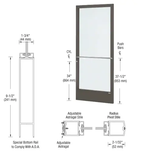 CRL-U.S. Aluminum CD22722LA36 Bronze Black Anodized 250 Series Narrow Stile Active Leaf of Pair 3'0 x 7'0 Center Hung for OHCC w/Standard Push Bars Complete ADA Door(s) with Lock Indicator, Cyl Guard