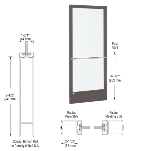 CRL-U.S. Aluminum CD22722R136 Bronze Black Anodized 250 Series Narrow Stile Inactive Leaf of Pair 3'0 x 7'0 Center Hung for OHCC w/Standard Push Bars Complete ADA Door(s) with Lock Indicator, Cyl Guard