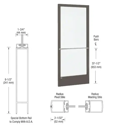 CRL-U.S. Aluminum CD22722R136 Bronze Black Anodized 250 Series Narrow Stile Inactive Leaf of Pair 3'0 x 7'0 Center Hung for OHCC w/Standard Push Bars Complete ADA Door(s) with Lock Indicator, Cyl Guard