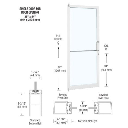 CRL-U.S. Aluminum DC21252R036 White KYNAR Paint 250 Series Narrow Stile (LHR) HLSO Single 3'0 x 7'0 Offset Hung with Pivots for Surf Mount Closer Complete Door Std. MS Lock & Bottom Rail