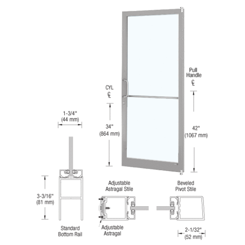 Clear Anodized 250 Series Narrow Stile Active Leaf of Pair 3'0 x 7'0 Offset Hung with Pivots for Surf Mount Closer Complete Door for 1" Glass with Standard MS Lock and Bottom Rail