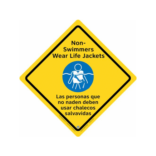 CLARION SAFETY SYSTEMS LLC WSS2105-01B-ESM 15 1/2" English/spanish Outdoor Non-swimmers Wear Life Jacket Sign