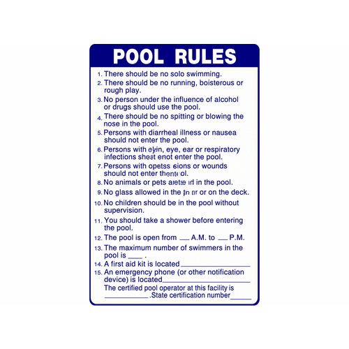 24"x36" Vertical Sign Pool Rules Sc Approved Blue/White