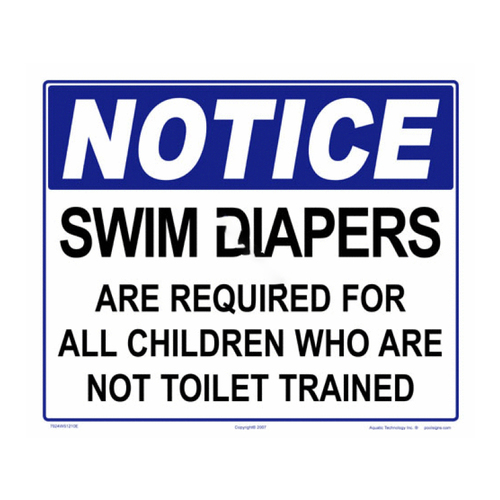 AQUATIC TECHNOLOGY INC 7924WS1210E 12"x10" Blue Notice Swim Diapers Required Sign