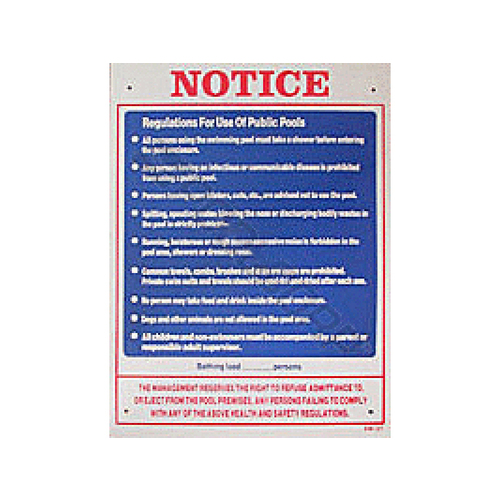 Nassco SW-27 18" X 24" Vertical Notice Public Pool Rules Sign