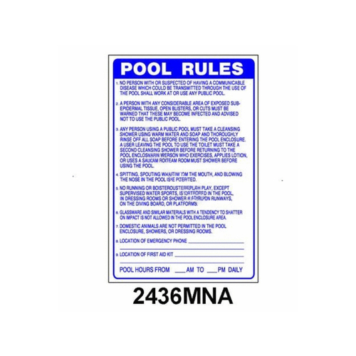 24" X 36" Vertical Pool Rules Sign (mn)