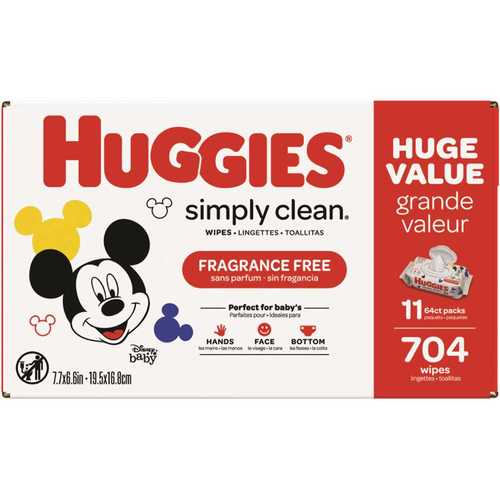 HUGGIES 53611 Simply Clean Unscented Baby Wipes, 11 Flip Lid Packs (704-Wipes Total)