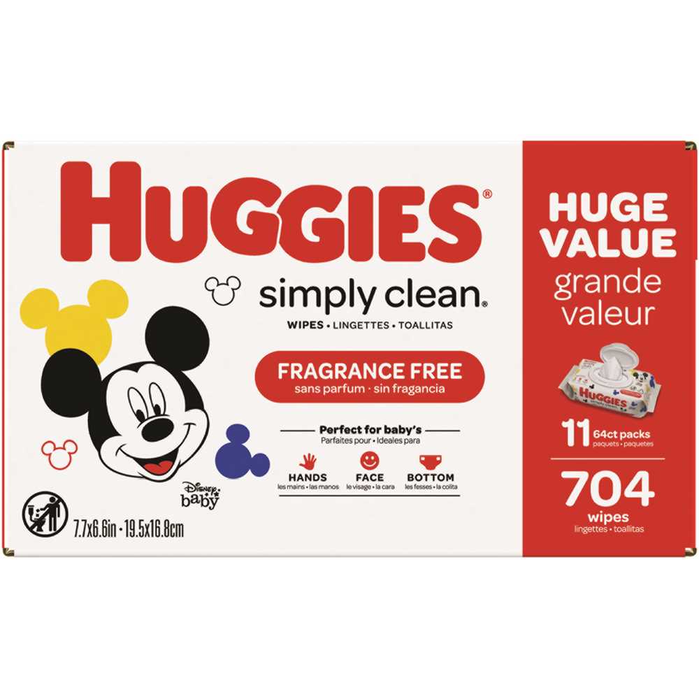 HUGGIES 53611 Simply Clean Unscented Baby Wipes, 11 Flip Lid Packs (704-Wipes Total) White - pack of 704