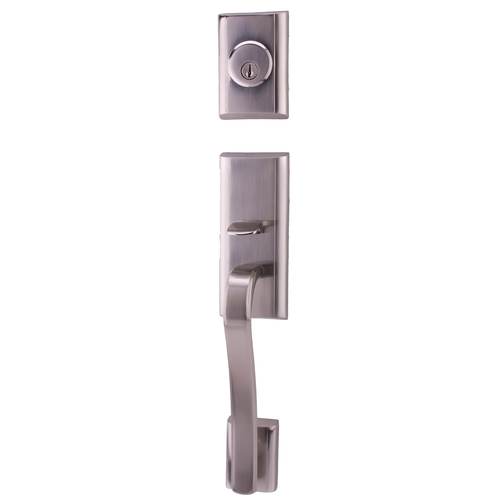 Moderne Exterior Active Handleset with Adjustable Latch and Round Corner Strikes Satin Nickel Finish