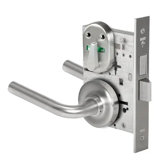 Grade 1 Dormitory Mortise Lock, Visual Thumbturn Indicator, 12 Lever, R Rose, SFIC Housing Less Core, Satin Chrome Finish, Field Reversible Satin Chrome