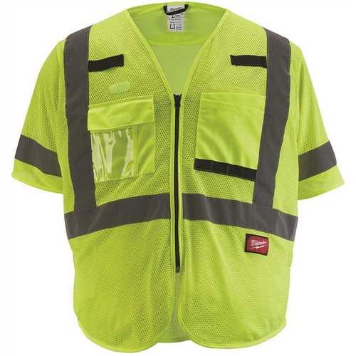 4X-Large/5X-Large Yellow Class 3 Mesh High Visibility Safety Vest with 9-Pockets and Sleeves