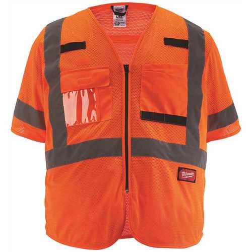 2X-Large/3X-Large Orange Class 3 Mesh High Visibility Safety Vest with 9-Pockets and Sleeves