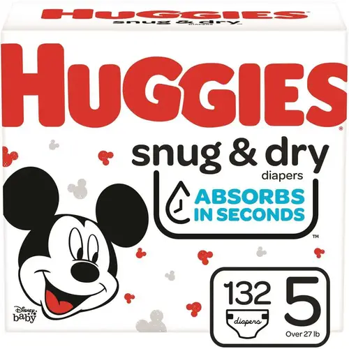 HUGGIES 51517 Snug & Dry Diapers, Size 5,132 Ct White - pack of 132
