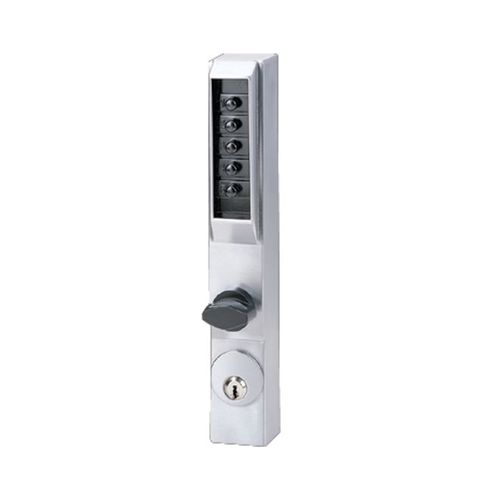 Narrow Stile Mechanical Pushbutton Lock, Combination Entry Passage Lockout with Key Override Satin Chrome Finish