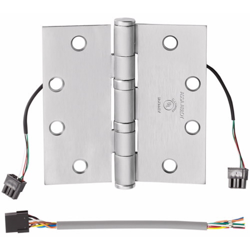 Quick Connect Electrified (QC) 8 Wire Hinge, 5-Knuckle Hinge, Standard Weight, Full Mortise, Oil Impregnated Bearing (TA), 4.5" x 4.5" (4545), Steel Base, Satin Chrome US26D/652