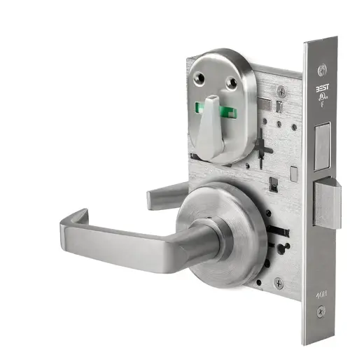 Grade 1 Dormitory Mortise Lock, Double Visual Indicator, 15 Lever, H Rose, SFIC Housing Less Core, Satin Stainless Steel Finish, Field Reversible Satin Stainless Steel