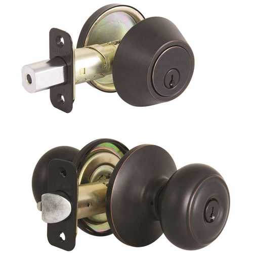 Hartford Aged Bronze Keyed Entry Door Knob and Single Cylinder Deadbolt Combo Pack with KW1 Keyway Keyed Differently