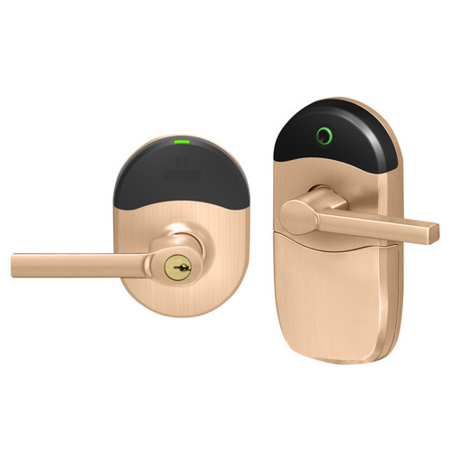 Grade 1 Schlage ENGAGE Series Wireless Cylindrical Lock, 2.4 GHz Bluetooth Low Energy Reader, Conventional Cylinder, Mobile Enabled Multi-Function with HID Credentials, LAT Lever, Satin Bronze Clear Coated Finish, Field Reversible Satin Bronze Clear Coated