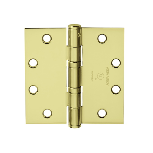 Full Mortise Hinge, 5-Knuckle, Standard Weight, 5" x 4-1/2", Square Corner, Non-Removable Pin, Bright Brass