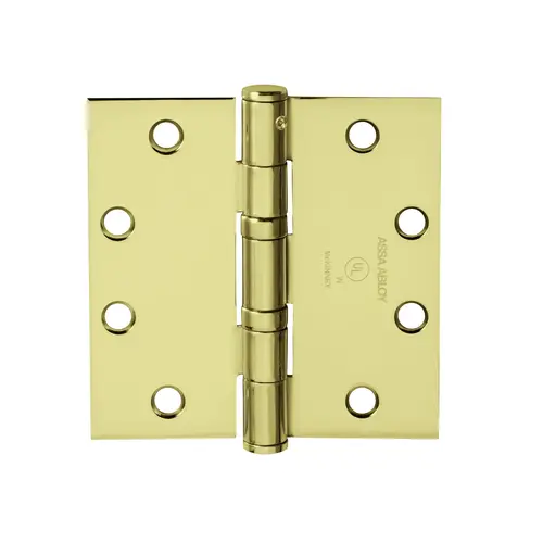 Full Mortise Hinge, 5-Knuckle, Standard Weight, 4-1/2" x 4-1/2", Square Corner, Non-Removable Pin, Bright Brass