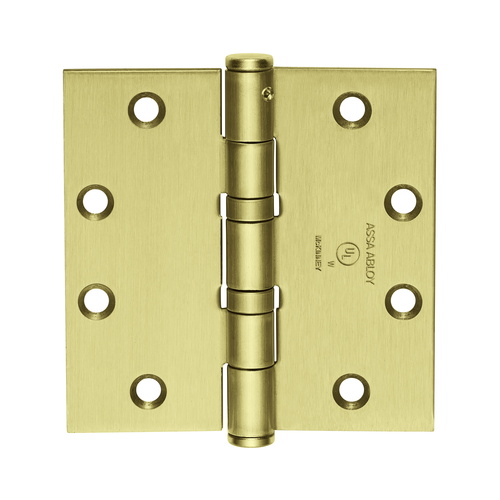 Full Mortise Hinge, 5-Knuckle, Standard Weight, 4-1/2" x 4", Square Corner, Non-Removable Pin, Satin Brass