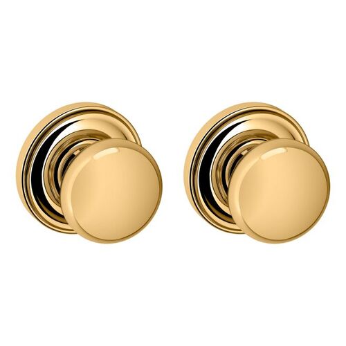 Preconfigured 5000 Knob with 5048 Rose Passage Lock with 2-3/8" Backset and Full Lip Strike Unlacquered Brass Finish