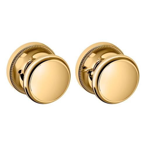 Preconfigured 5069 Knob with 5129 Rose Privacy Lock with 2-3/8" Backset and Full Lip Strike Unlacquered Brass Finish