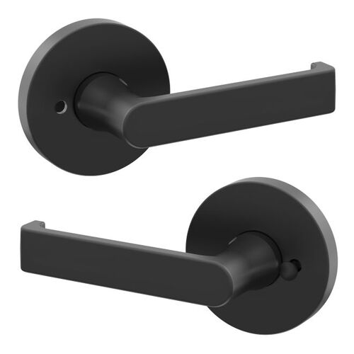 Preconfigured 5105 Lever with 5146 Rose Privacy Lock with 2-3/8" Backset and Full Lip Strike Satin Black Finish