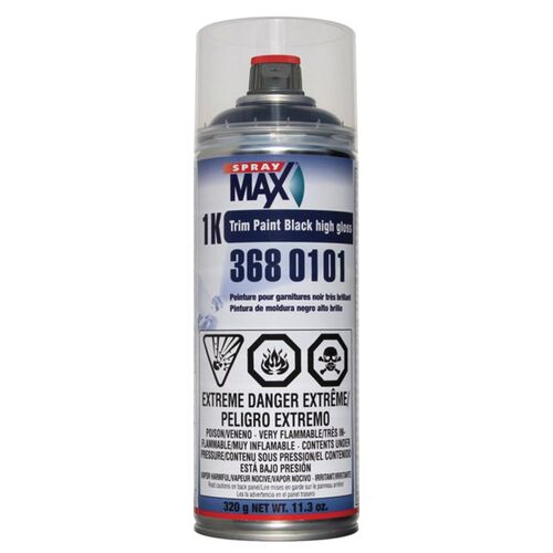 SprayMax, Peter Kwansy, Inc 3680101 1K Trim Paint, 11.3 oz Aerosol Can, Gloss Black, Liquid, 5.4 sq-ft Coverage
