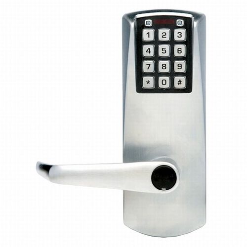 Eplex Cylindrical Electronic Pushbutton Lock with 1/2" Throw and 2-3/4" Backset, Key in Lever, Long Lever Satin Brass Finish