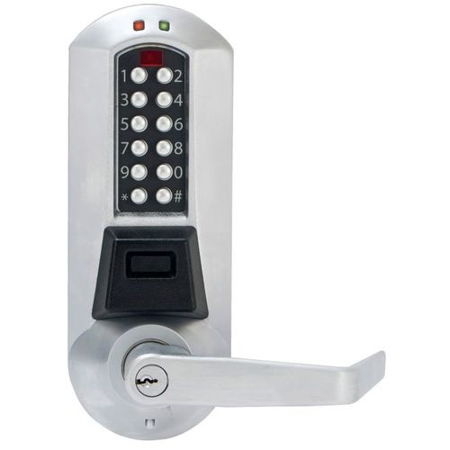 Eplex Exit Trim Electronic Pushbutton Lock with Prox Reader with Winston Lever and Kaba Cylinder Satin Chrome Finish